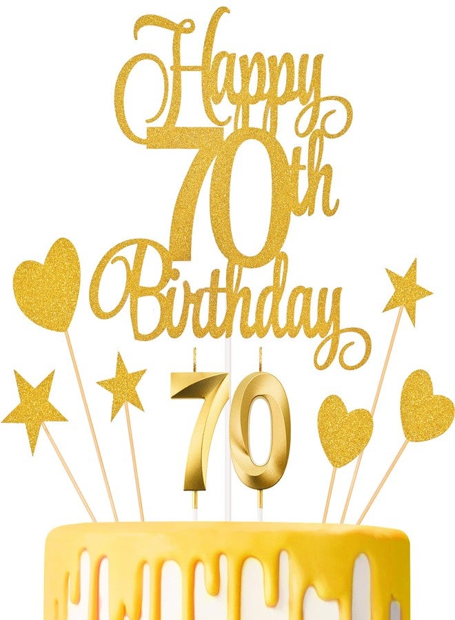 Lecferrarc 70th Birthday Cake Decorations, 70th Birthday Candles Cake Numeral Candles and Glitter Happy 70th Birthday Cake Toppers Set for Birthday Party Supplies (Gold) - Image 1
